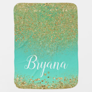 Cascading Gold Glitter & Teal Aqua Personalized Swaddle Blanket