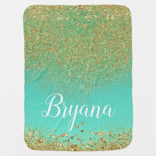 Cascading Gold Glitter  Teal Aqua Personalized Swaddle Blanket