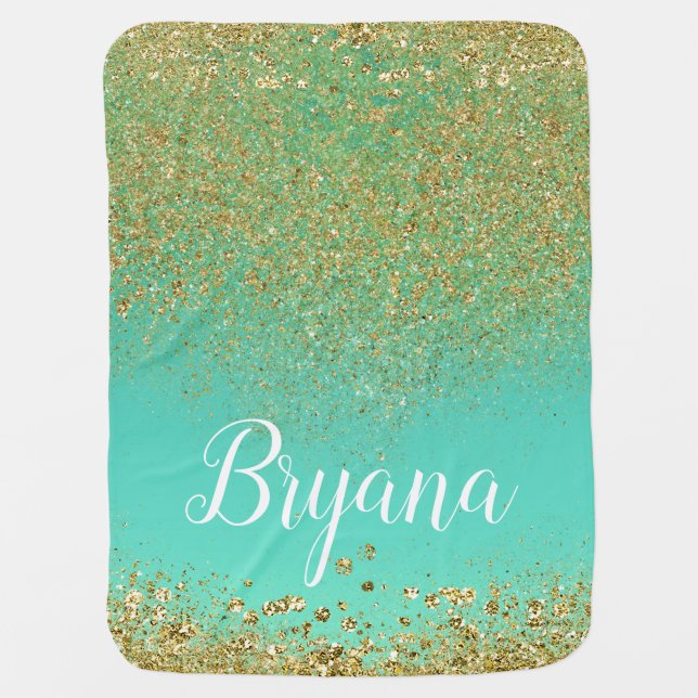 Cascading Gold Glitter & Teal Aqua Personalized Swaddle Blanket (Front)