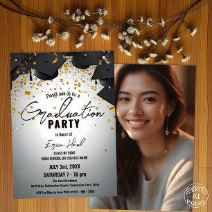 Cascading Graduation Caps and Gold Confetti Photo  Invitation