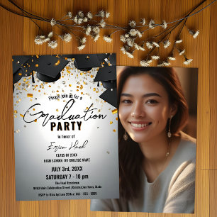 Cascading Graduation Caps and Gold Confetti Photo Invitation