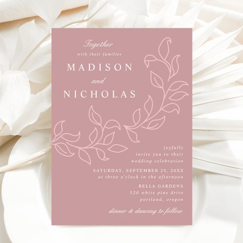 Cascading Leaves Dusty Rose Wedding Invitation