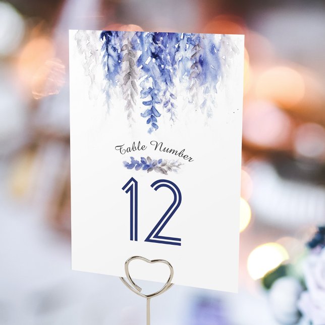 Cascading leaves gray blue watercolor table number (Creator Uploaded)