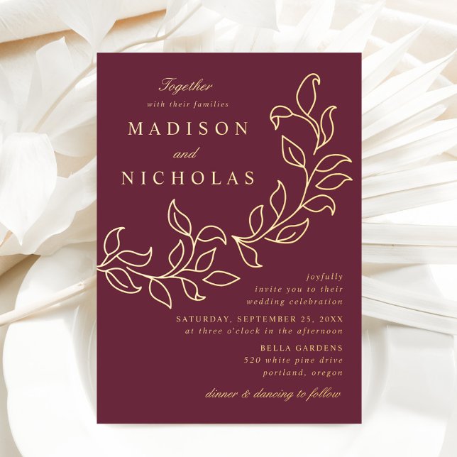 Cascading Leaves Wedding Merlot and Gold Foil Invitation (Creator Uploaded)