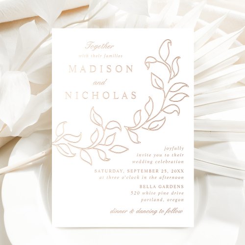 Cascading Leaves Wedding Rose Gold Foil Invitation