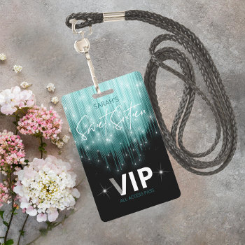 Cascading Lights Sweet 16 Teal Id790 Badge by arrayforcards at Zazzle