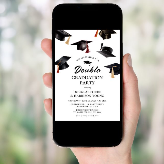 Cascading Motarboards Double Graduation Party Invitation (Front Digital)