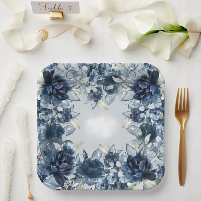 Cascading Navy Peonies Wedding Dinner Paper Plates (Wedding)