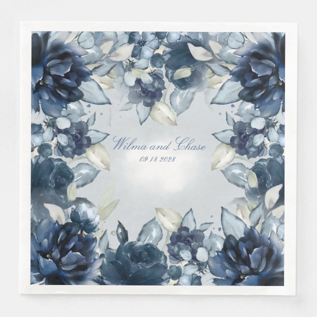 Cascading Navy Peonies Wedding Paper Dinner Napkins (Front)