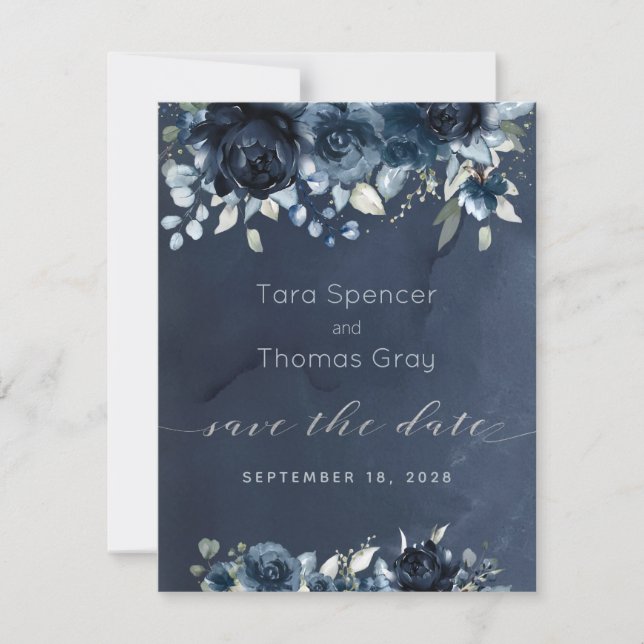 Cascading Navy Peony Wedding Save The Date (Front)