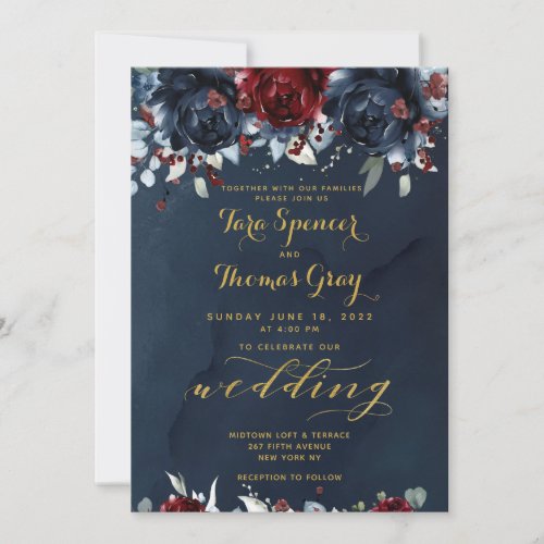 Cascading Peonies Burgundy Navy Gold Wedding Invitation