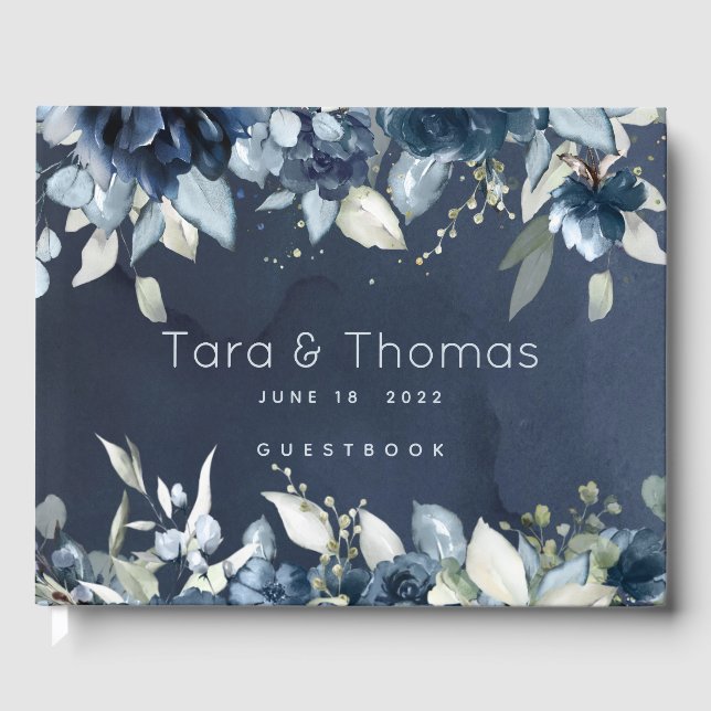 Cascading Peonies Wedding Navy Blue Guest Book (Front)