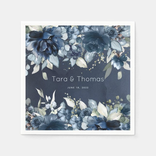 Cascading Peonies Wedding Navy Cocktail Napkins (Front)