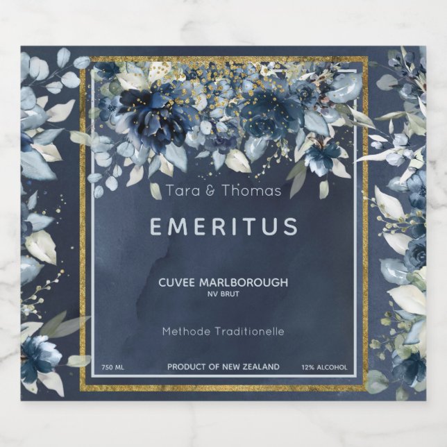 Cascading Peonies Wedding Navy Sparkling Wine Labe Sparkling Wine Label (Single Label)
