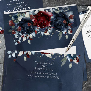 Cascading Peony Burgundy Navy Wedding Invitation Envelope