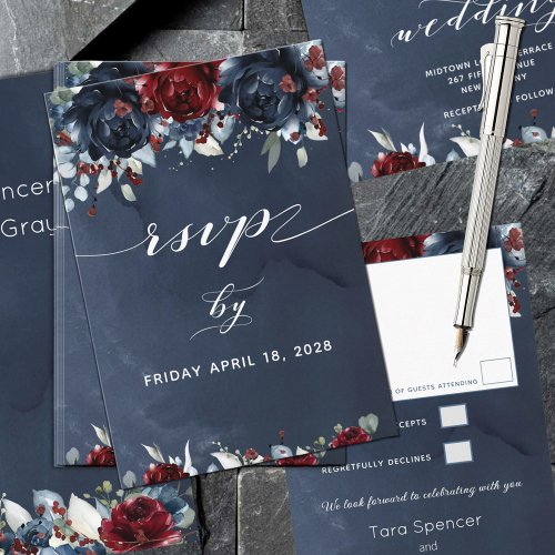 Cascading Peony Burgundy Navy Wedding RSVP