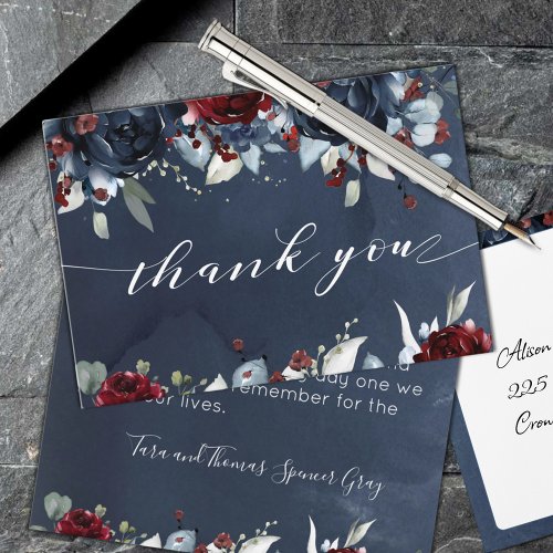 Cascading Peony Burgundy Navy Wedding Thank You Card