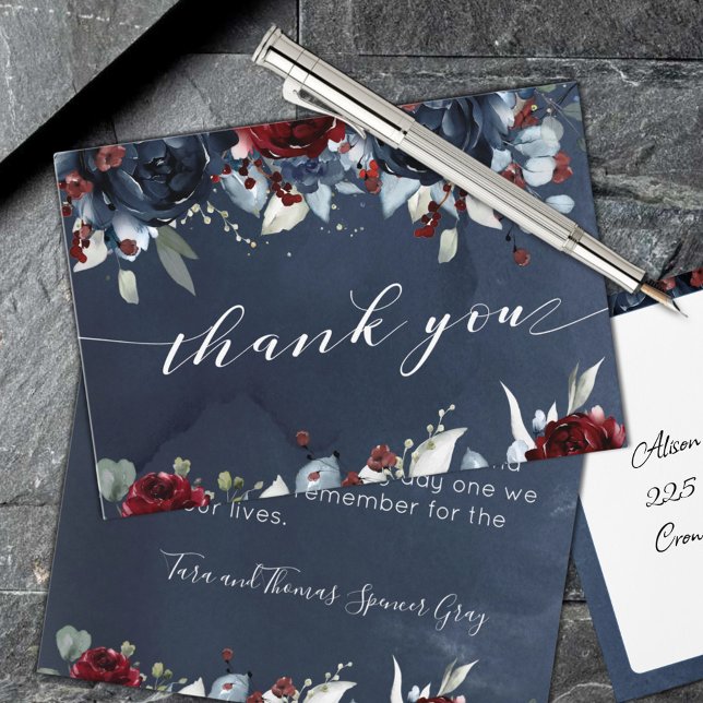 Cascading Peony Burgundy Navy Wedding Thank You Card (Creator Uploaded)