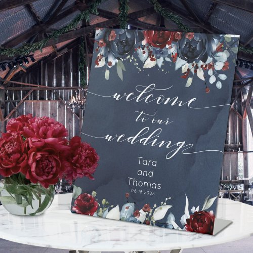 Cascading Peony Burgundy Navy Welcome To Wedding Pedestal Sign
