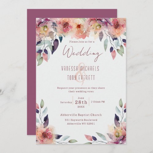 Cascading Pink Floral Watercolor Wedding Invitation