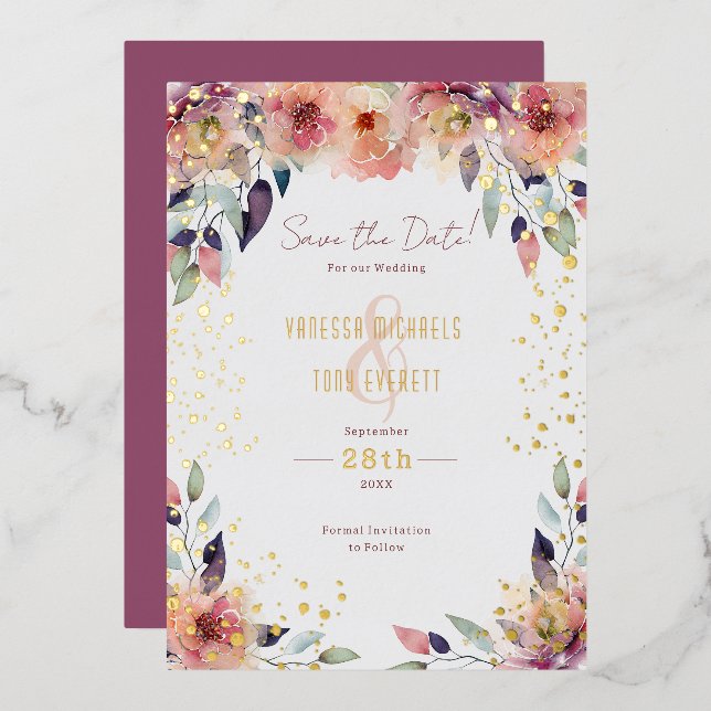 Cascading Pink Floral Wedding Save the Date Foil Invitation (Front/Back)