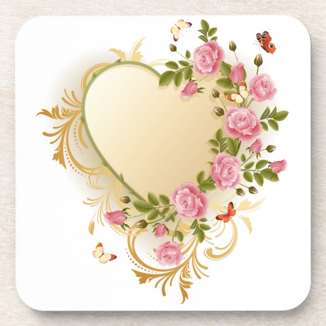Cascading Roses Gold Heart Coaster (Front)