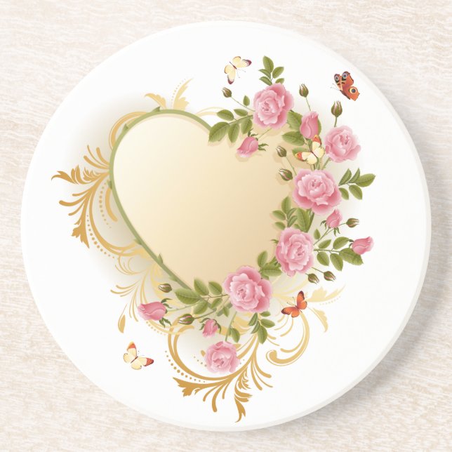 Cascading Roses Gold Heart Drink Coaster (Front)