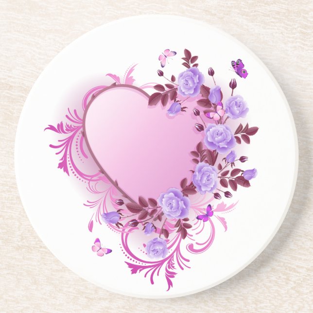 Cascading Roses Lavender Heart Sandstone Coaster (Front)