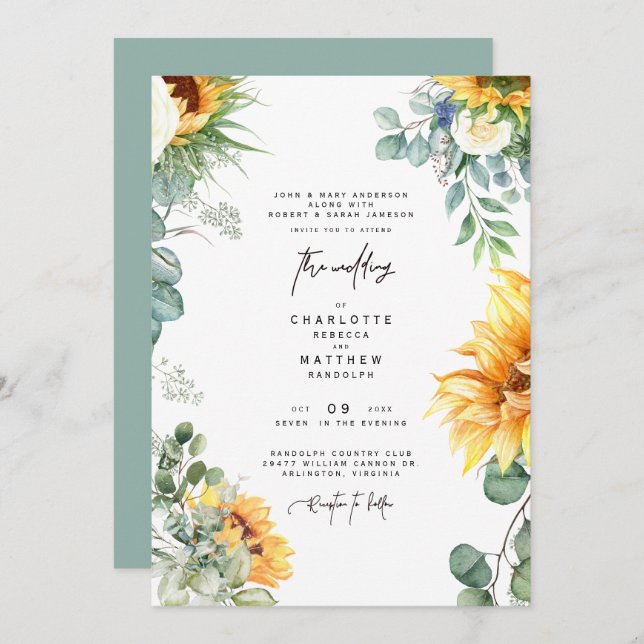 Cascading Sunflower Greenery Sage Wedding Invitati Invitation (Front/Back)