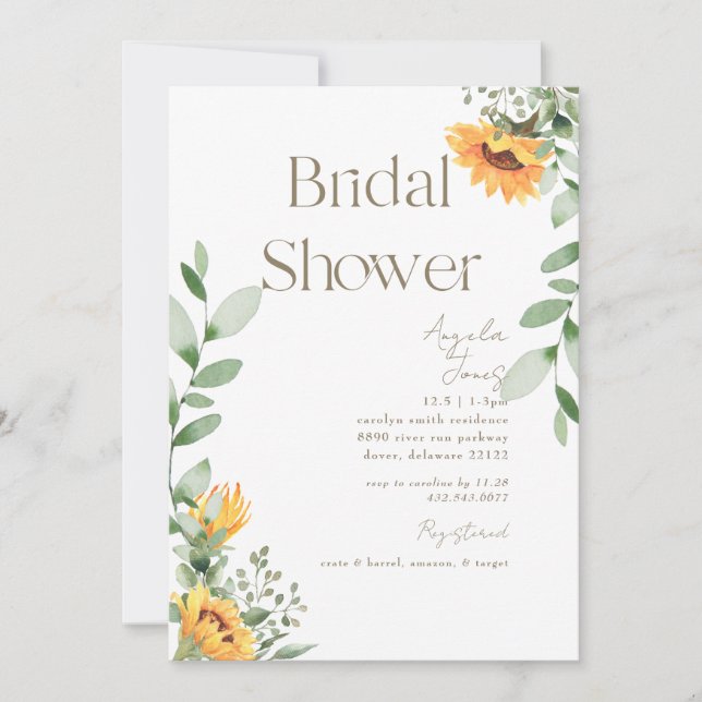 Cascading Sunflowers Greenery Bridal Shower Invitation (Front)