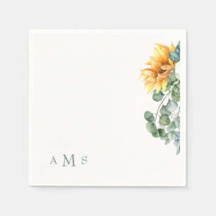 Cascading Sunflowers Greenery Sage Monogram Napkins