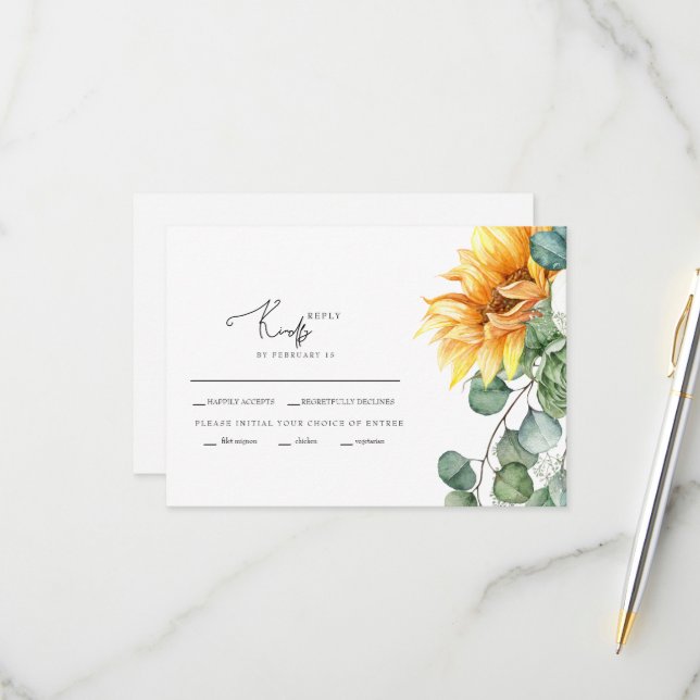 Cascading Sunflowers Greenery Wedding RSVP Card (Front/Back In Situ)