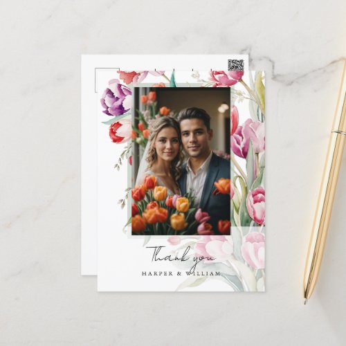 Cascading tulips wedding photo thank you postcard