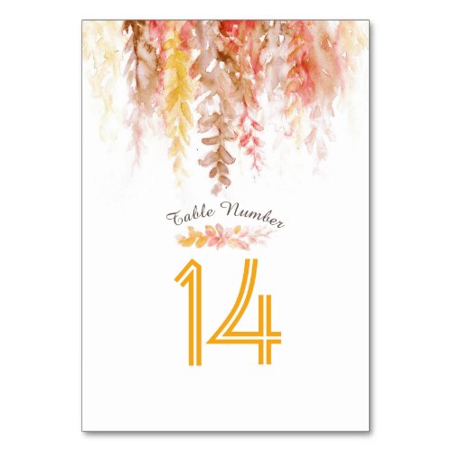 Cascading vine orange brown watercolor fall table number