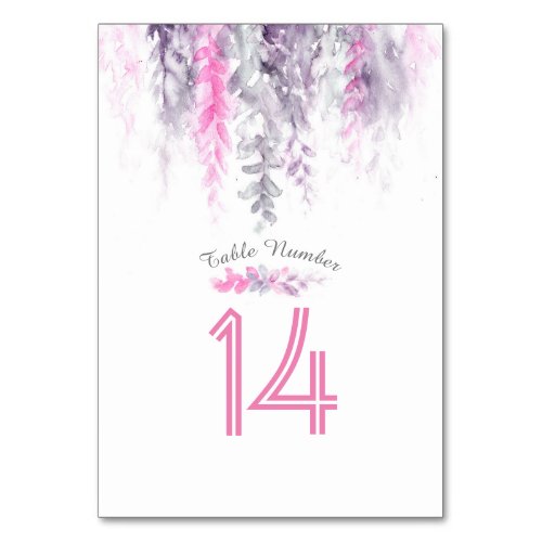 Cascading vine pink indigo purple gray watercolor table number
