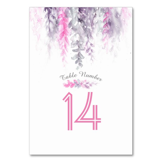 Cascading vine pink indigo purple gray watercolor table number (Back)