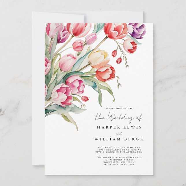 Cascading watercolor tulips qr code wedding invitation (Front)
