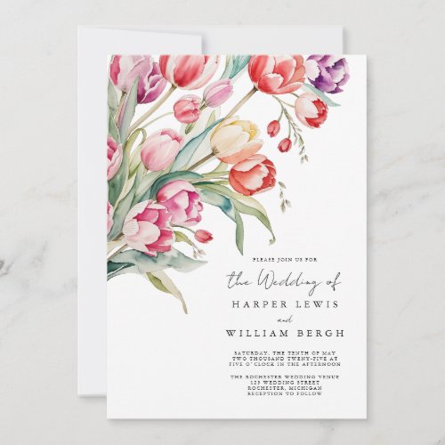 Cascading watercolor tulips qr code wedding invitation