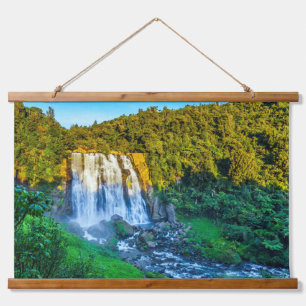 Cascading Waterfall Lush Forest Landscape Sunset Hanging Tapestry