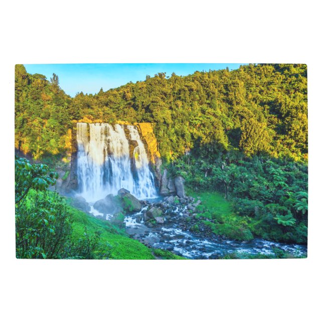 Cascading Waterfall Lush Forest Landscape Sunset   Metal Print (Front)