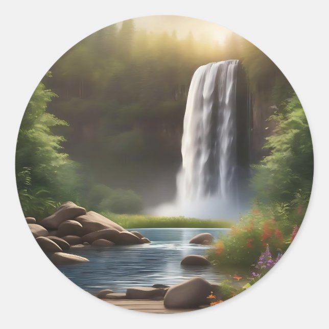 Cascading Waters A Serene Escape Classic Round Sticker (Front)