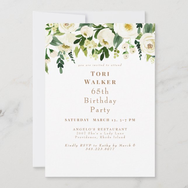 Cascading White Floral 65th Birthday Party Invitation (Front)
