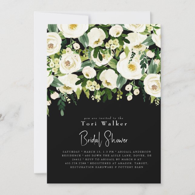 Cascading White Floral Black Bridal Shower Invitation (Front)