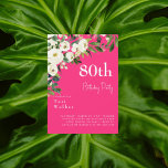 Cascading White Floral Hot Pink 80th Birthday Invitation<br><div class="desc">White Floral 80th Birthday Party Invitation. White text.  Hot Pink background.</div>