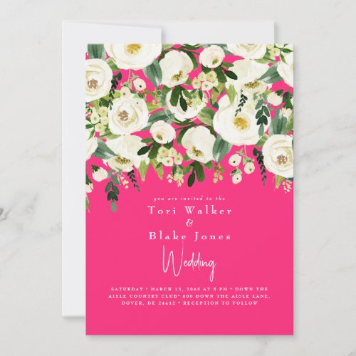 Cascading White Floral Hot Pink Wedding Invitation
