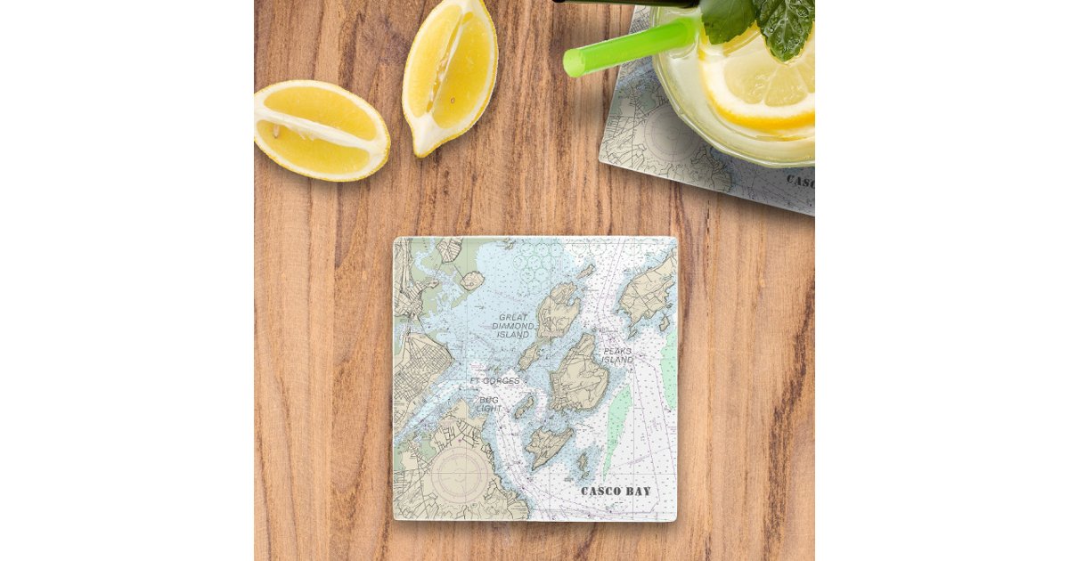 ⚓️ Casco Bay Authentic Nautical Chart Glass Coaster Zazzle