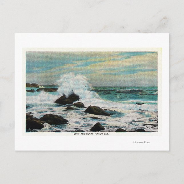 Casco Bay View of the Surf and Rocks Postcard (Front)