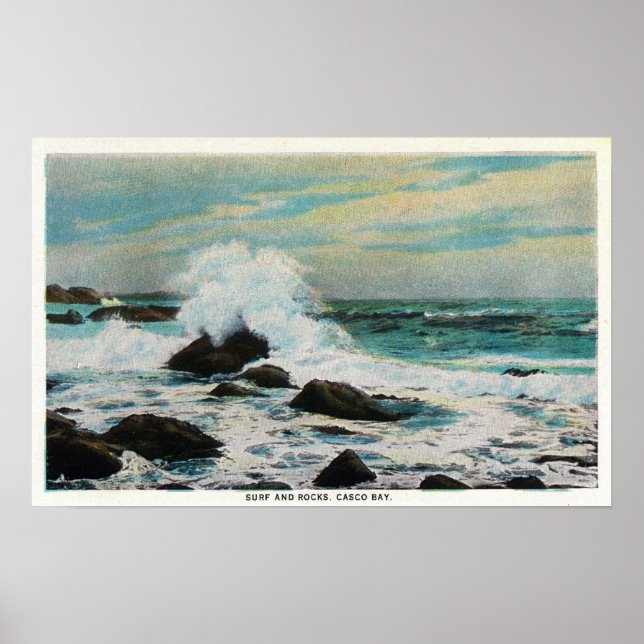 Casco Bay View of the Surf and Rocks Poster (Front)