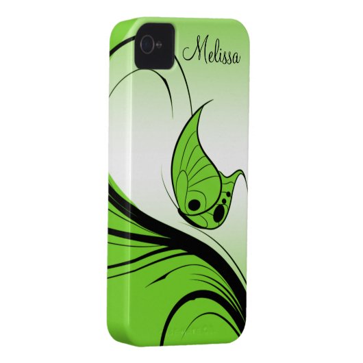 Casemate iPhone4 Lime Green Butterfly Black Swirls Case-Mate iPhone Case (Back/Right)