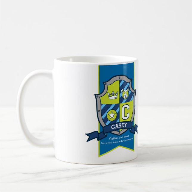 Casey knight shield green blue bear name meaning coffee mug (Left)